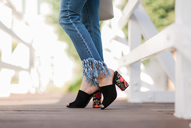 wayf rushville off the shoulder top, hannah hagler, frayed denim jeans, forever21 frayed hem jeans, shop filbert baker bag, designer vegan handbag, embroidered mules, public desire mules