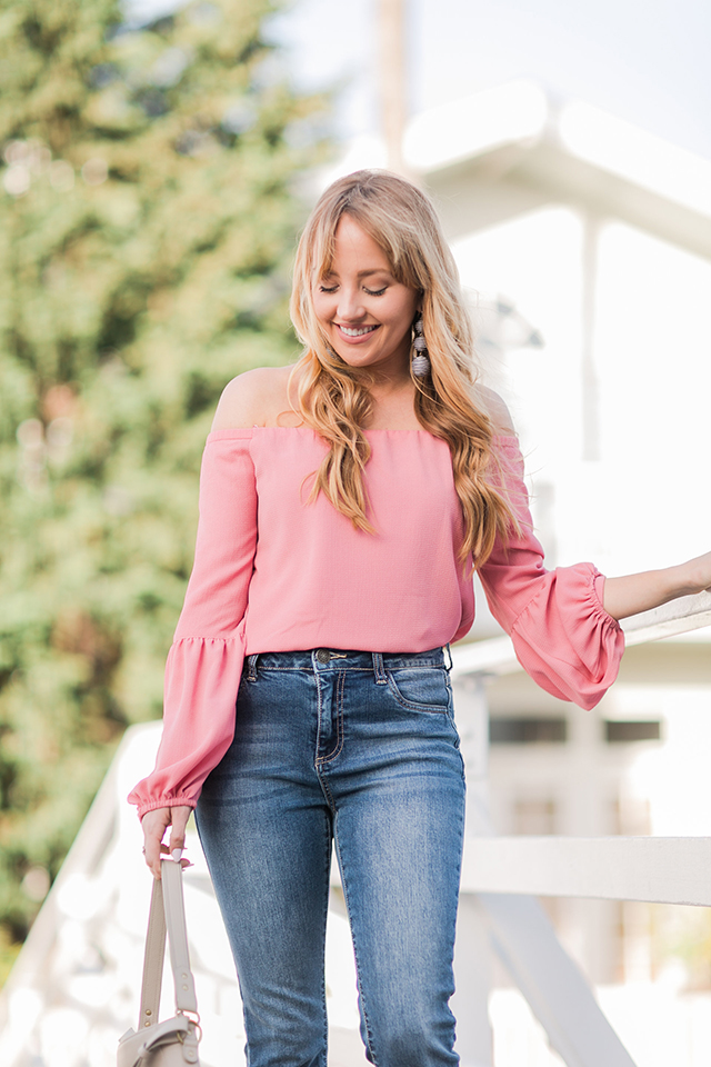 wayf rushville off the shoulder top, hannah hagler, frayed denim jeans, forever21 frayed hem jeans, shop filbert baker bag, designer vegan handbag, embroidered mules, public desire mules