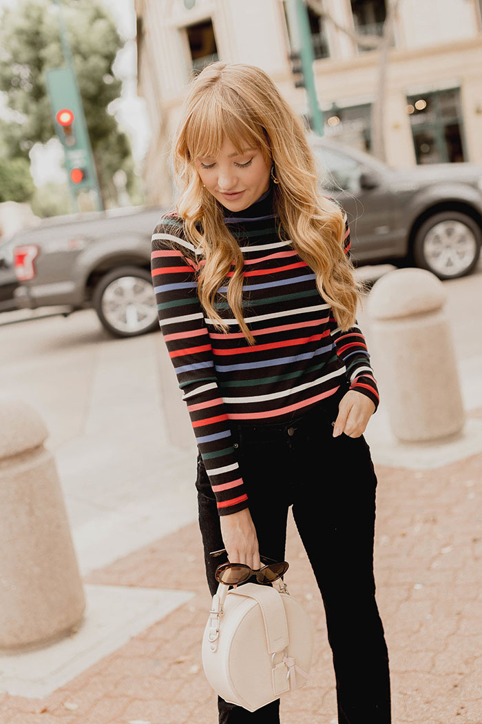 3 fall trends you need, affordable fall fashion trends, fall fashion trends 2017, how to style a striped turtleneck, how to style cropped flares, cropped flare jeans, how to style white booties, old navy, veggani ace handbag, retro tortoise sunglasses, Hannah Hagler, Hannah champagne lifestyle, champagne lifestyle, champagne lifestyle blog, fashion blogger, affordable fashion blogger, budget friendly fashion blog, budget friendly fashion blogger, beauty blogger, youtuber, female youtuber, interior designer, affordable fashion, chic fashion ideas, fashion inspiration, vegan fashion, vegan fashion bloggers, vegan fashion, cruelty free fashion, cruelty free, vegan handbag, vegan designer handbag, veggani ace blush pink, round pink vegan handbag, paige printed dress, off the shoulder printed dress, floral dress, public desire pearl sandals, pearl embellished, vegan fashion, sustainable fashion, cruelty-free fashion