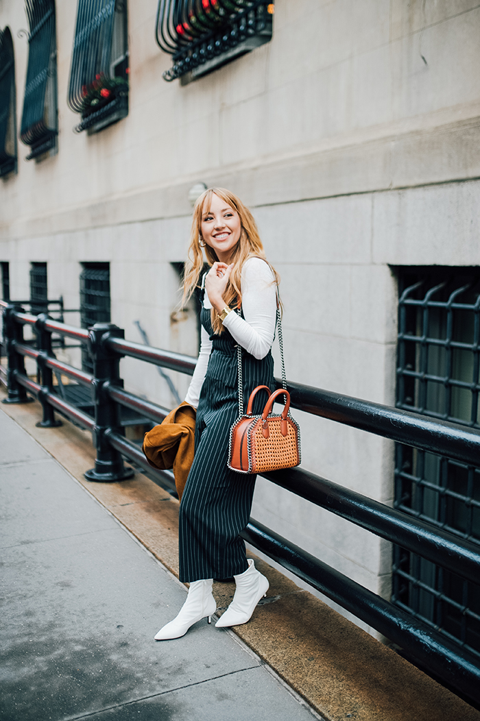 how I stay organized with daily tasks, how to stay organized, blogger organization, urban outfitters pinstripe jumpsuit, stella mccartney falabella bag, old navy faux suede jacket, white booties, how to style white booties, falabella box bag, falabella woven box bag, Hannah Hagler, Hannah champagne lifestyle, champagne lifestyle, champagne lifestyle blog, fashion blogger, affordable fashion blogger, budget friendly fashion blog, budget friendly fashion blogger, beauty blogger, youtuber, female youtuber, interior designer, affordable fashion, chic fashion ideas, fashion inspiration, vegan fashion, vegan fashion bloggers, vegan fashion, cruelty free fashion, cruelty free, vegan handbag, vegan designer handbag, veggani ace blush pink, round pink vegan handbag, paige printed dress, off the shoulder printed dress, floral dress, public desire pearl sandals, pearl embellished, vegan fashion, sustainable fashion, cruelty-free fashion