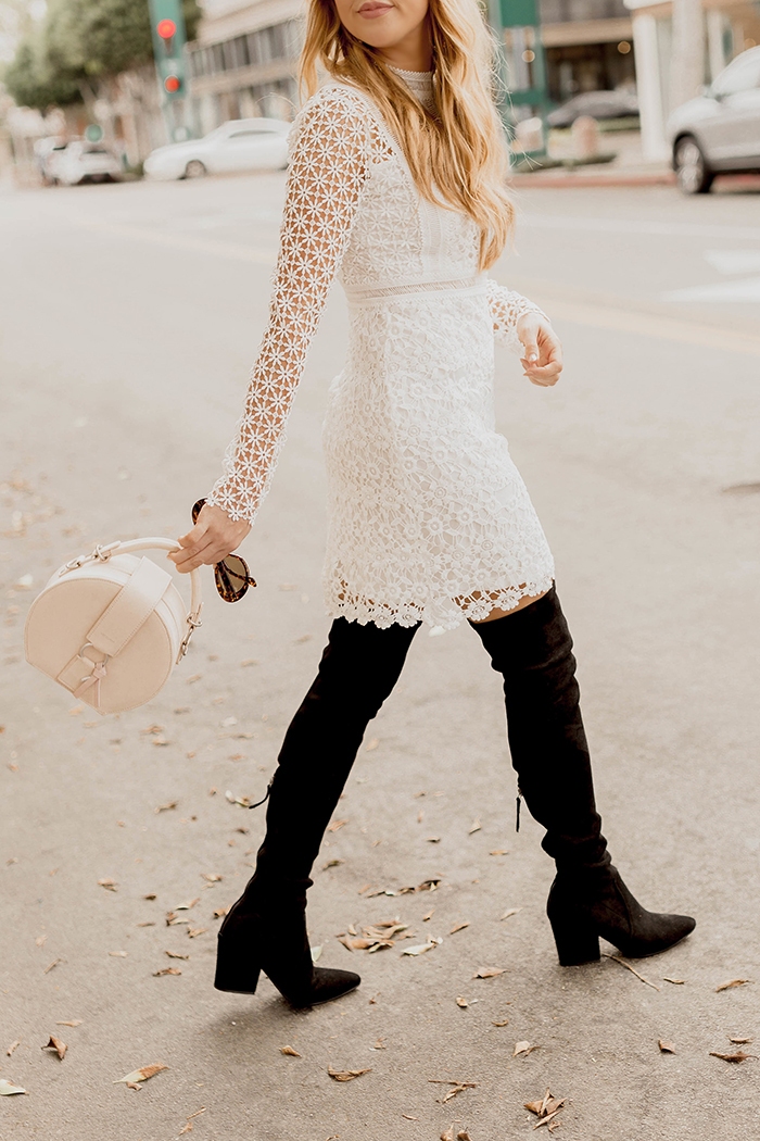 chicwish white crochet dress, black over the knee boots, vegan over the knee boots, zerouv retro cat eye tortoise sunglasses, criscara star drop earrings, veggani ace handbag, vegan handbag, designer vegan handbag, holiday dress ideas, 15 holiday dress ideas, the best holiday dress ideas 2017, Hannah Hagler, Hannah champagne lifestyle, champagne lifestyle, champagne lifestyle blog, fashion blogger, affordable fashion blogger, budget friendly fashion blog, budget friendly fashion blogger, beauty blogger, youtuber, female youtuber, interior designer, affordable fashion, chic fashion ideas, fashion inspiration, vegan fashion, vegan fashion bloggers, vegan fashion, cruelty free fashion, cruelty free, vegan handbag, vegan designer handbag, veggani ace blush pink, round pink vegan handbag, paige printed dress, off the shoulder printed dress, floral dress, public desire pearl sandals, pearl embellished, vegan fashion, sustainable fashion, cruelty-free fashion