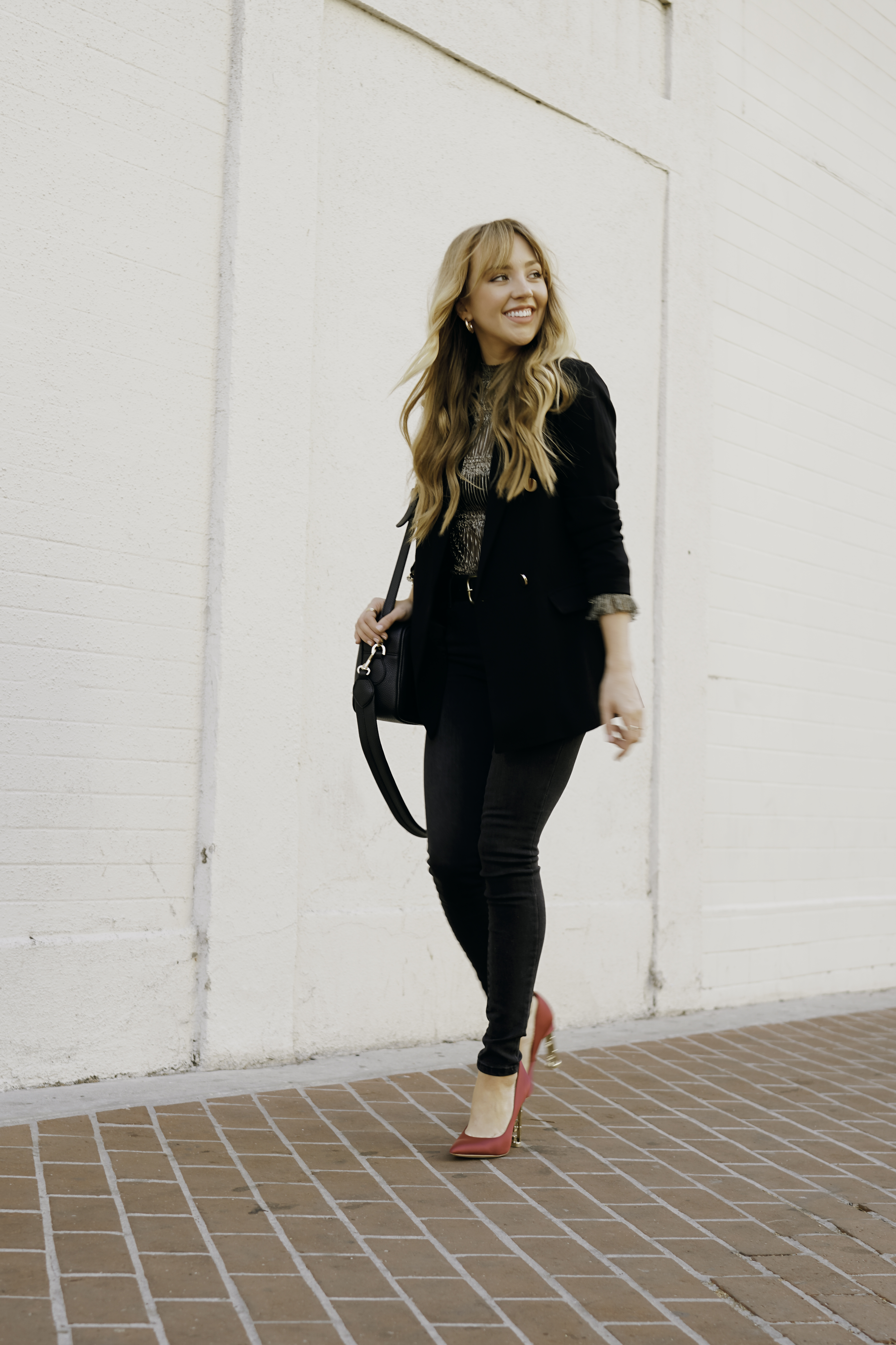 feeling fancy, red vegan pumps, vegan fashion, designer vegan handbag, angela roi grace crossboyd, katy perry shoes, katy perry collection, black blazer, how to style a black blazer, date night outfit ideas