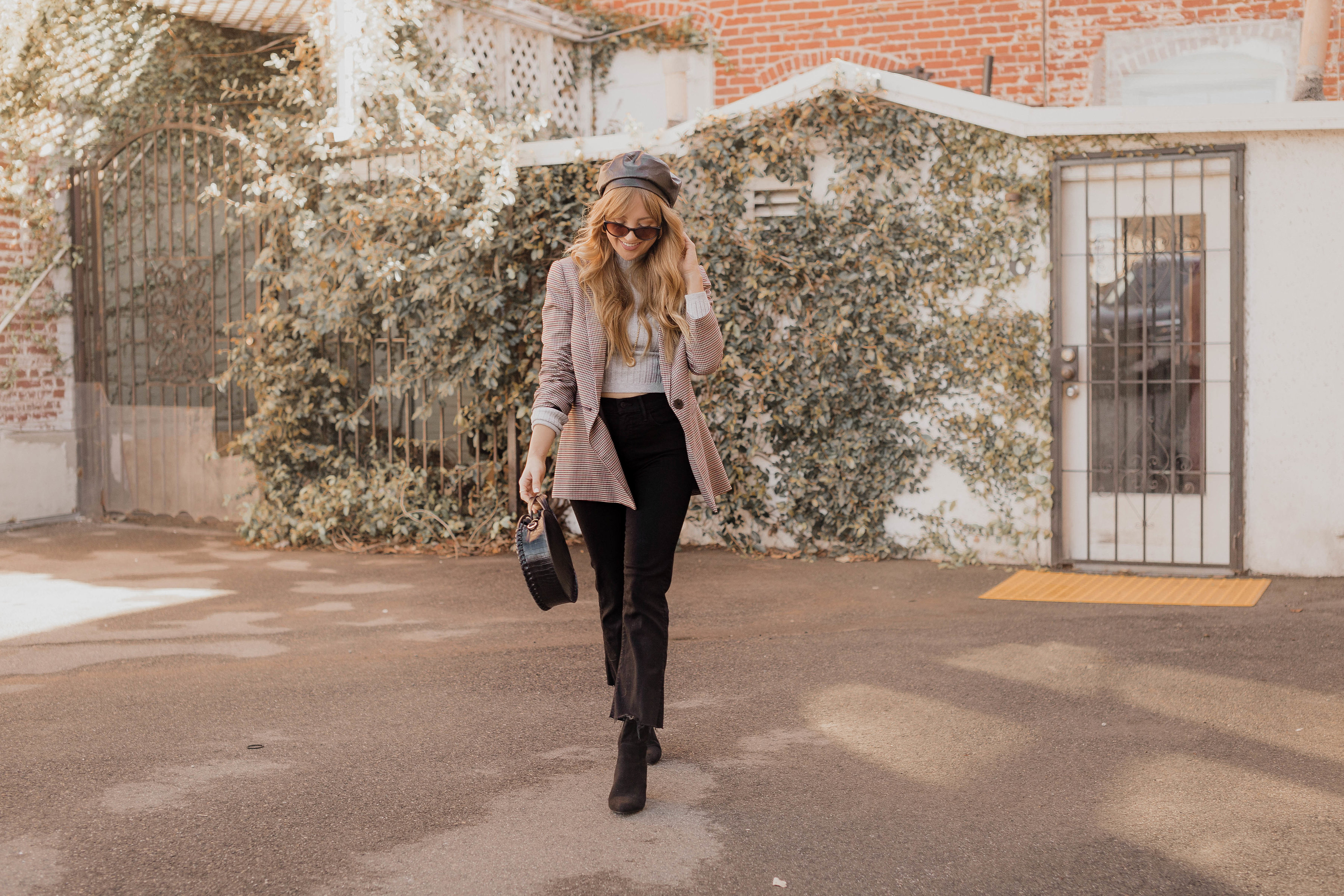 trendy fashion pieces, hello hannah, hannah hagler, how to style trendy pieces, checked blazer, cropped flare, kick flare denim, how to style cropped flares, cat eye sunglasses, retro cat eye sunglasses, vegan leather beret. vegan beret, vegan fashion blogger, vegan fashion