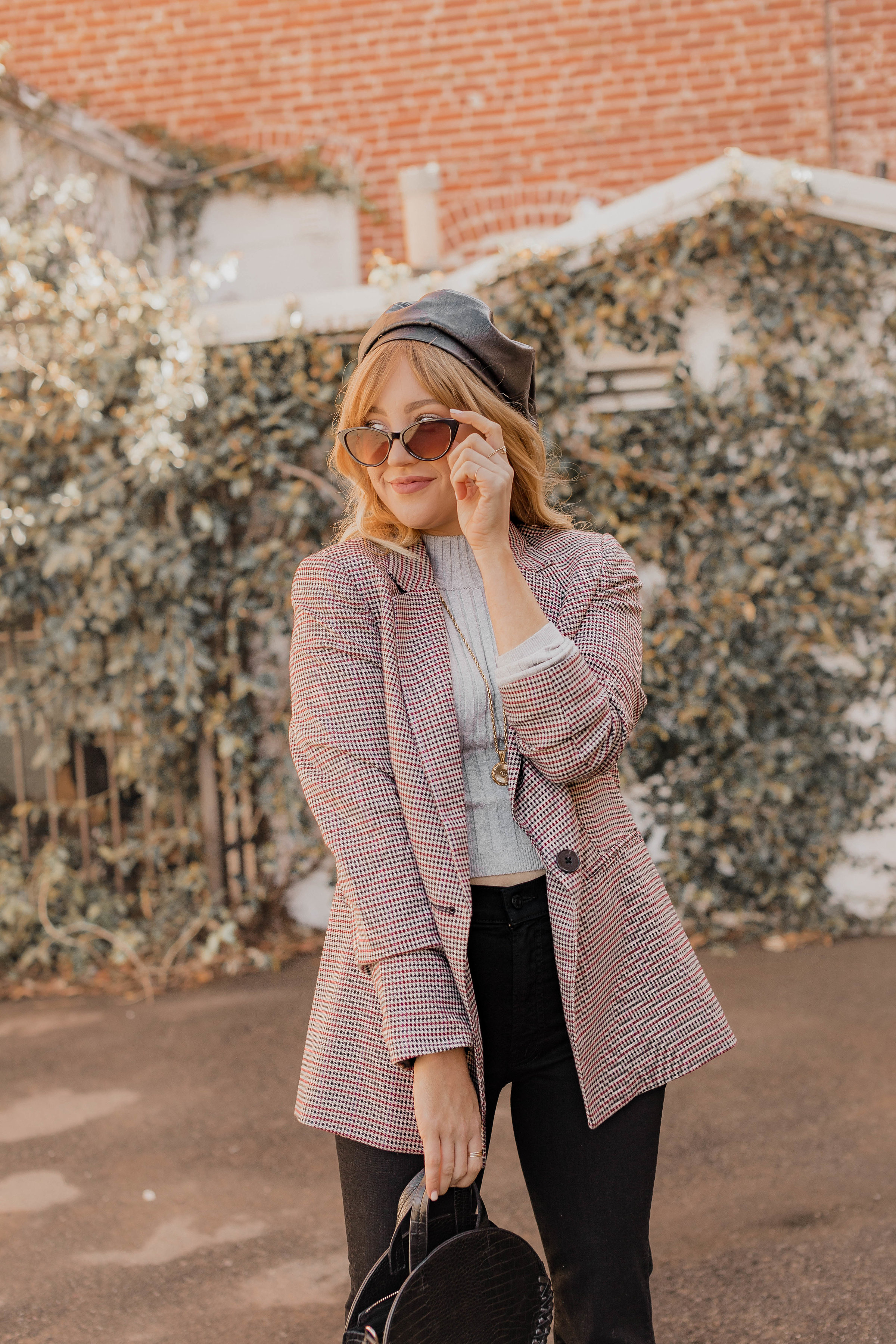 trendy fashion pieces, hello hannah, hannah hagler, how to style trendy pieces, checked blazer, cropped flare, kick flare denim, how to style cropped flares, cat eye sunglasses, retro cat eye sunglasses, vegan leather beret. vegan beret, vegan fashion blogger, vegan fashion