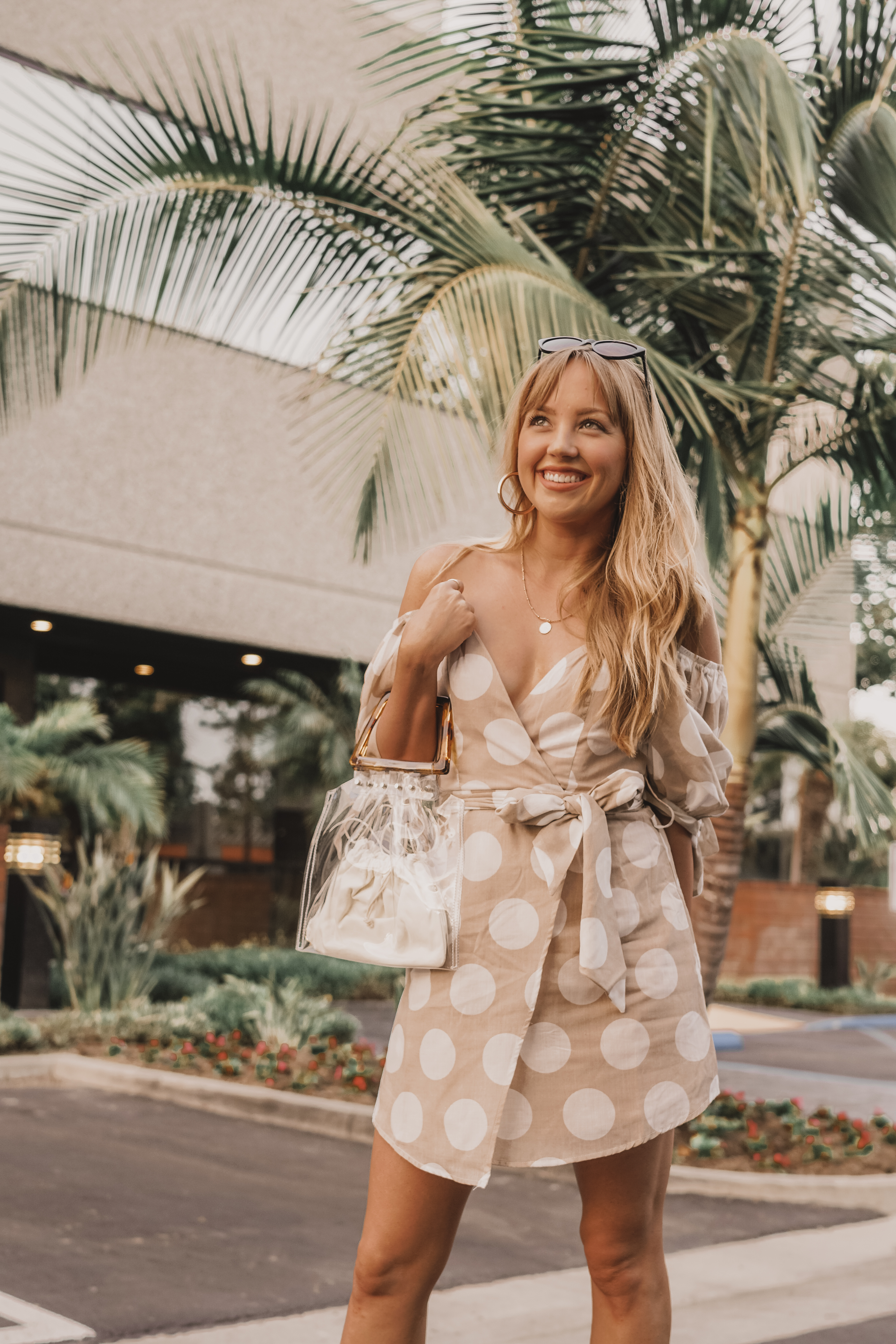 princess polly polka dot dress, with your desire mini dress, translucent bag, vegan friendly fashion, off the shoulder dress, vegan mules, vegan shoes, cruelty-free fashion, vegan fashion, hannah hagler, hello hannah, lulu's, baublebar, urban outfitters